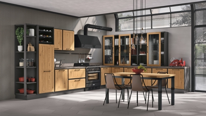 quelles couleurs associer dans une cuisine tendance moderne, exemple cuisine en L avec meubles bois et gris anthracite