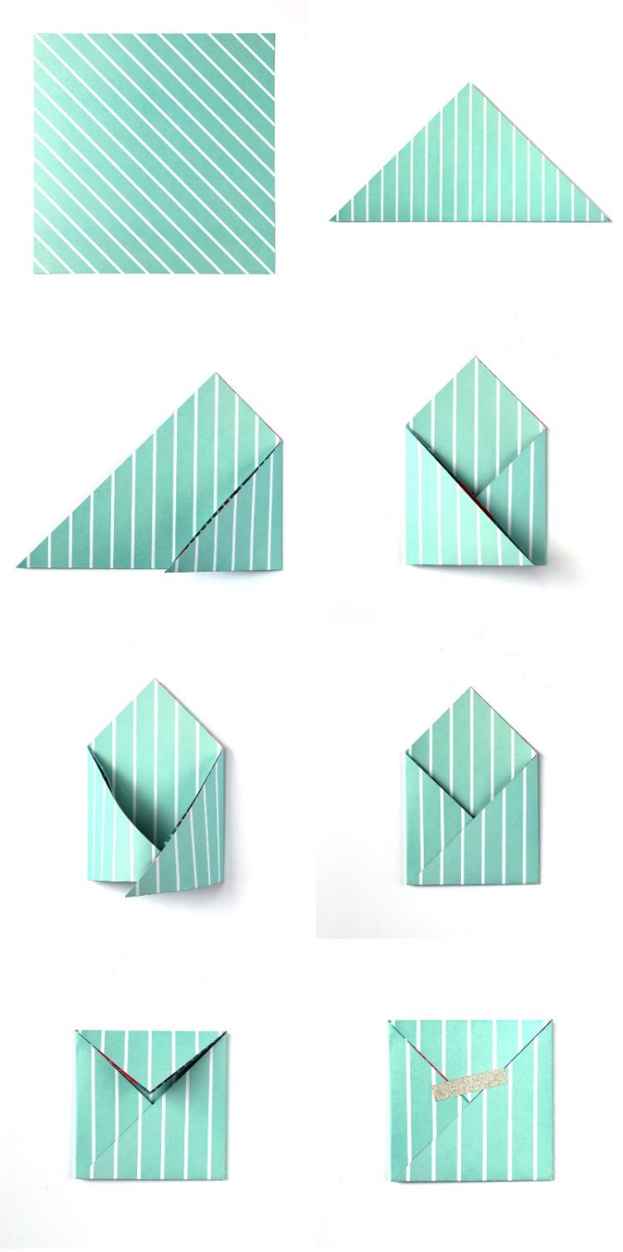 les étapes de pliage facile pour fabriquer une enveloppe à partir d'une feuille carrée motif rayures, jolie pochette-enveloppe pour vos cartes de voeux et vos bons cadeaux