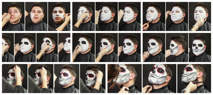 maquillage halloween homme facile, tête de mort avec peintures visage noire et blanche, crâne de sucre mexicain