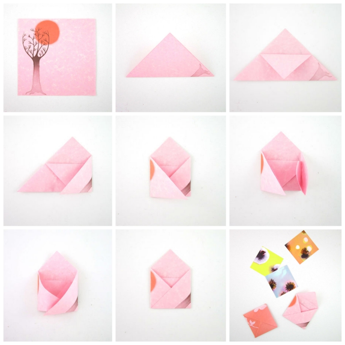 les instructions de pliage enveloppe en version mini réalisée avec un joli papier à motif japonais coucher de soleil