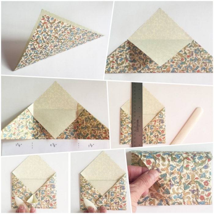 modèle d'enveloppe facile avec une base de carré plié en triangle, instructions de pliage en photos, comment faire une enveloppe en papier cadeau
