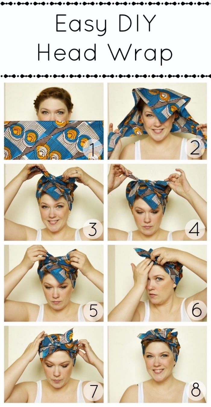 étapes à suivre pour réaliser une coiffure facile avec foulard, idée coiffure aux cheveux attachés avec accessoire de tête