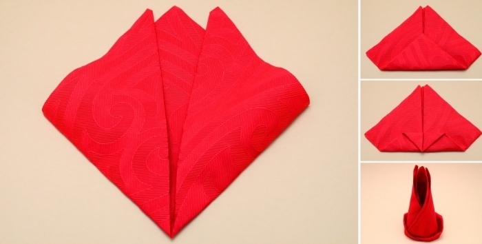 exemple comment faire une déco de table avec pliage origami, idée pliage serviette nouvel an en tissu rouge