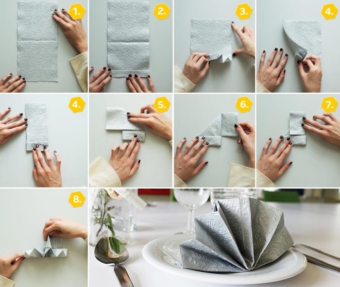instructions en photo pour apprendre à plier une serviette facile, tuto pliage serviette papier facile, modèle de serviette argentée
