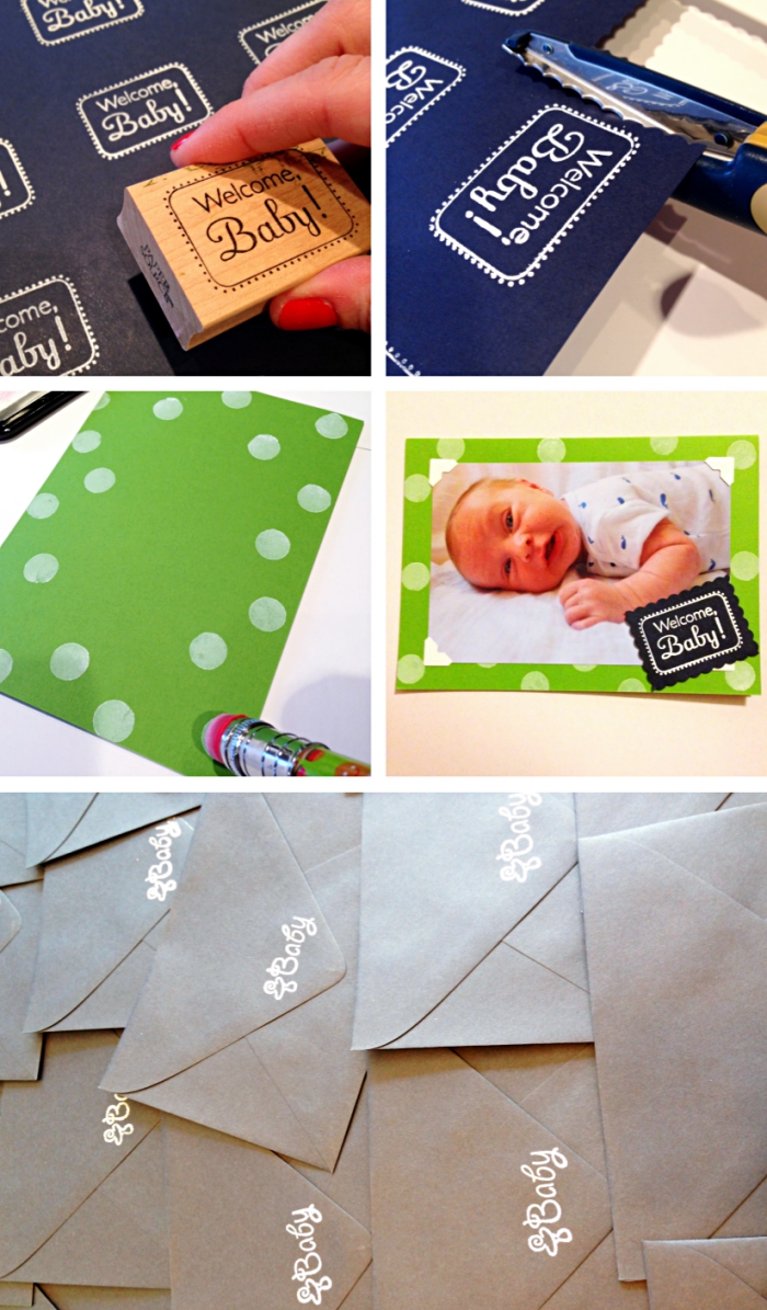 étapes à suivre pour fabriquer une carte annonce bébé facile, comment faire des petits timbres arrivée de bébé