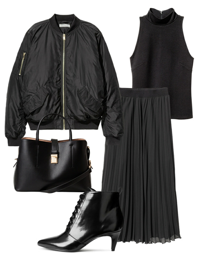 comment porter le manteau noir, sac noir, botte laquée noire, longue jupe plissée, 