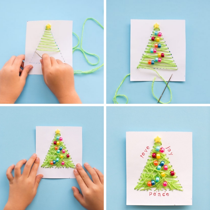 bricolage noel maternelle, carte postale DIY facile avec décoration sapin de Noel en fil vert et perles colorées, technique broderie facile sur papier