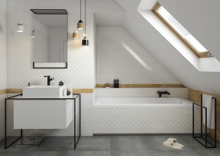 déco de style contemporaine dans une salle de bain sous pente, idée meuble salle de bain en blanc et noir mate