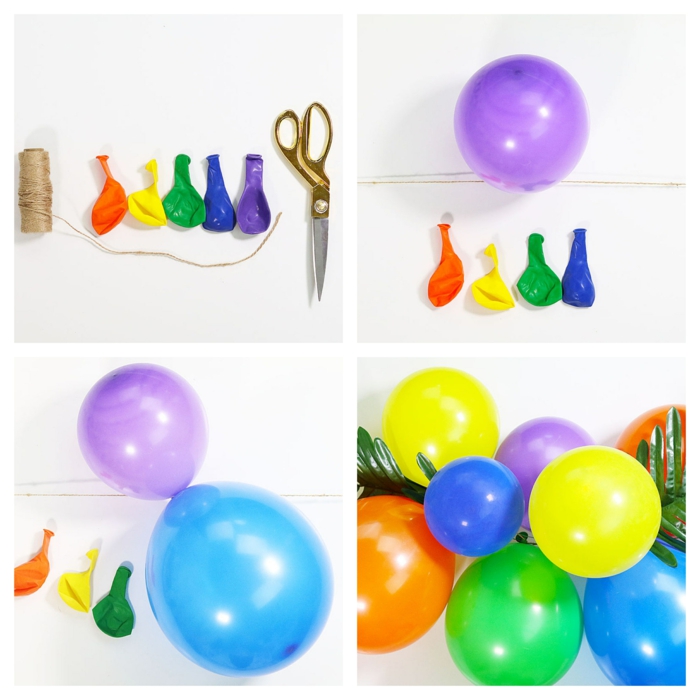 comment faire une arche de ballons facile, feuilles tropicales et ballons multicolores, chaîne de ballons multicolores