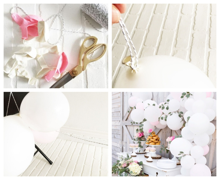 arche de ballon blancs liés à une ficelle, ciseaux, ballons aux feuilles d'eucalyptus, gateau cupcake