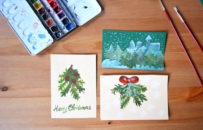 quels motifs de Noel dessiner sur une carte vierge, exemple de carte DIY facile pour enfants, diy activité manuelle Noël