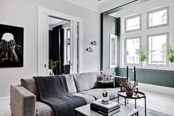 comment décorer un salon scandinave aux murs blanc et gris verdâtre avec meubles foncés, déco minimaliste dans un appartement