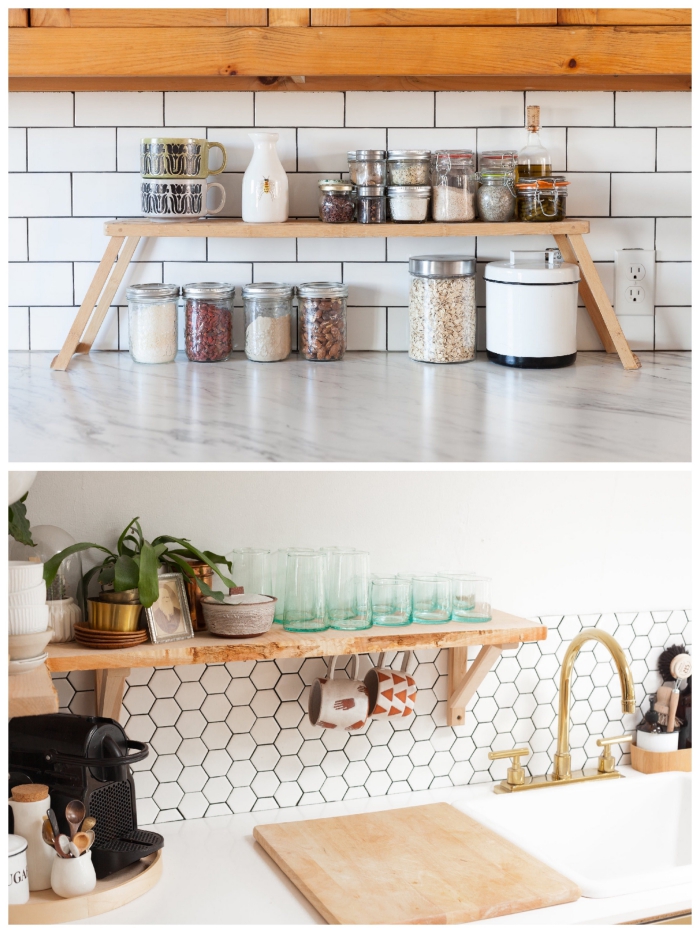 petite étagère murale ou sur pieds en bois qui permet de gagner de l'espace sur votre plan de travail cuisine et autour de l'évier, astuces d'organisation et de rangement pour l'amenagement petite cuisine fonctionnelle