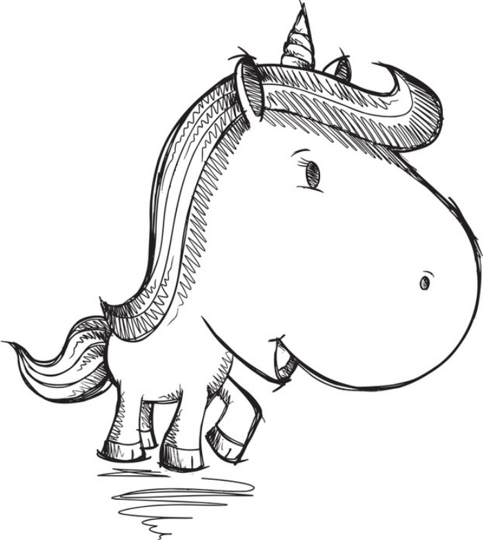 une bébé licorne avec une grande tête, une crinière rockabilly et une petite queue, dessin de licorne originale