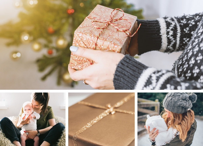 exemple emballage de cadeau de noel pour femme, papier cadeau pour Noël avec cordelette blanc et rouge, emballage cadeau en papier doré