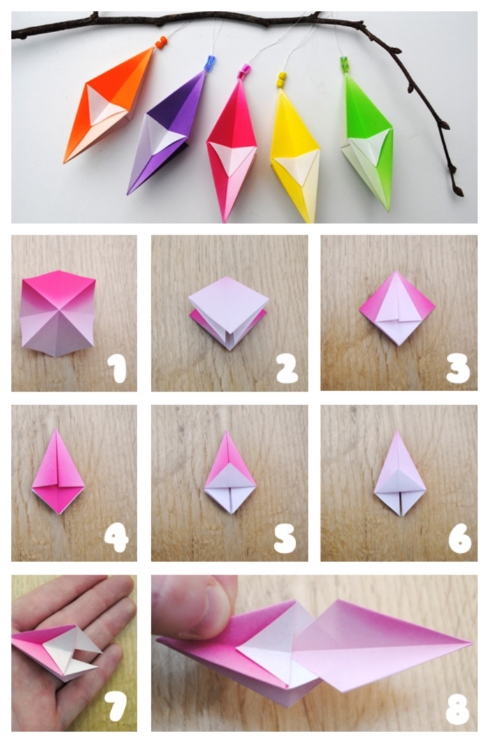 modèles d'origami géométriques en papier de différentes couleurs, ornements origami noel à suspendre au sapin ou à une branche décorative