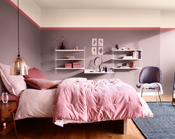 idée couleur chambre à coucher, décoration intérieure avec murs en violet pastel, exemple de peinture tendance 2019