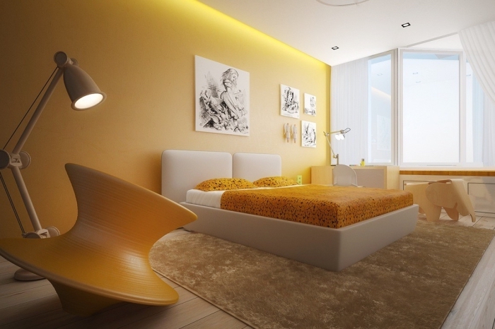 couleur mur chambre moderne, peinture tendance bicolore avec mur en jaune et plafond blanc, aménagement chambre à coucher jaune et blanc