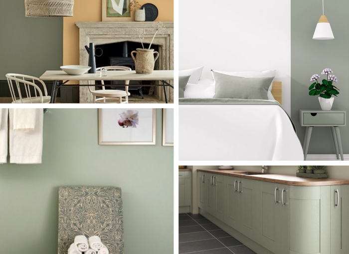 modèle de chambre grise et blanche moderne, déco minimaliste avec peinture vert pastel, aménagement salon aux murs de couleur vert et beige