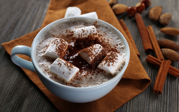 recette chocolat chaud au lait et cacao en poudre, mug de café rempli de boisson chaude pour noel parfumée à la cannelle