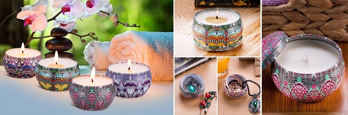 set de bougies zen à design mandala et motifs ethniques, modèle de bougie avec boîte, cadeau de noel pour femme