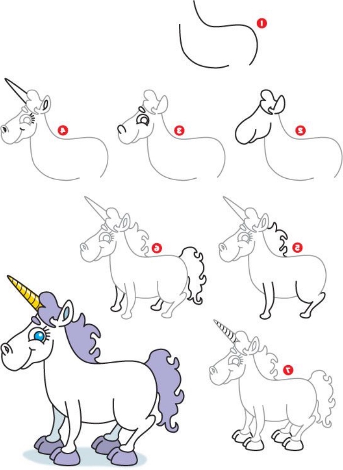 apprendre à dessiner une petite licorne kawaii à partir d'une forme simple, en suivant un tuto facile et rapide