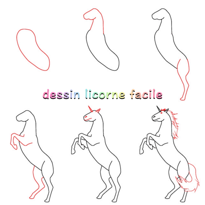 comment dessiner une licorne dressée sur ses pattes arrières, dessin décomposé en ses formes simples pour apprendre à dessiner