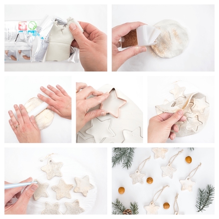comment-faire-de-la-pate-à-modeler-petites-étoiles-pailletées-decoration-pour-un-sapin-de-noel-original-deco-noel-a-fabriquer-facilement petites decorations sapin de noel fait main, étoiles de noel en pate fimo pailletées, activités manuelles noel