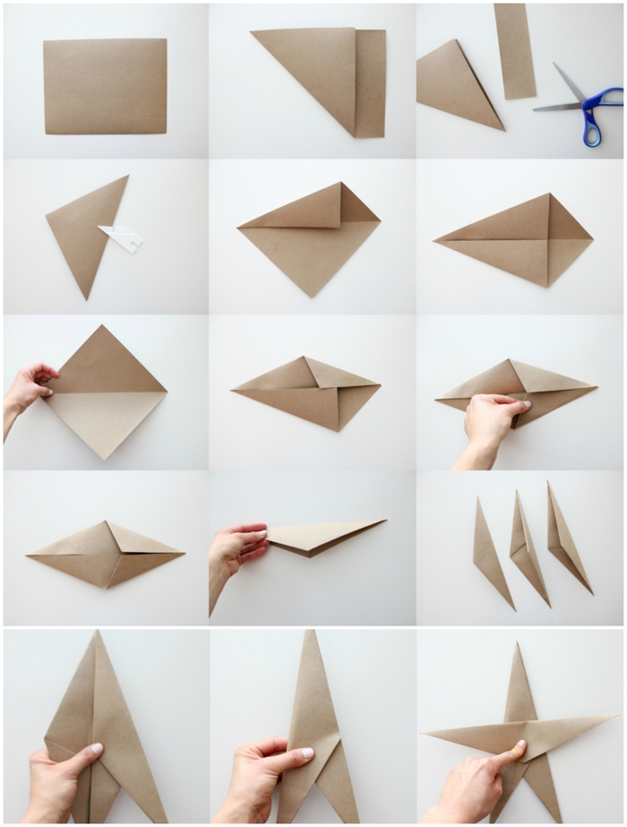 technique de pliage simple et rapide pour réaliser une grande étoile de noël en papier qui décorera une guirlande ou un sapin de noël, le pas à pas du pliage d'une étoile origami noel