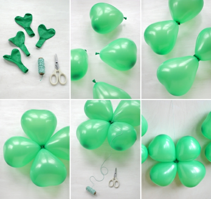trèfles de ballons groupés deux par deux, ballons verts rassemblés en trèfle à quatre feuilles 