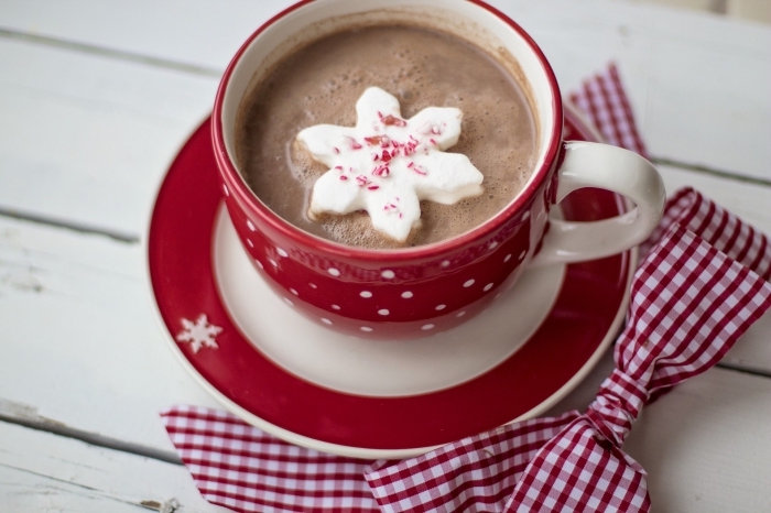 idée boisson de Noel au lait et cacao en poudre, mug café rouge et blanc rempli de boisson chaude au chocolat fondu