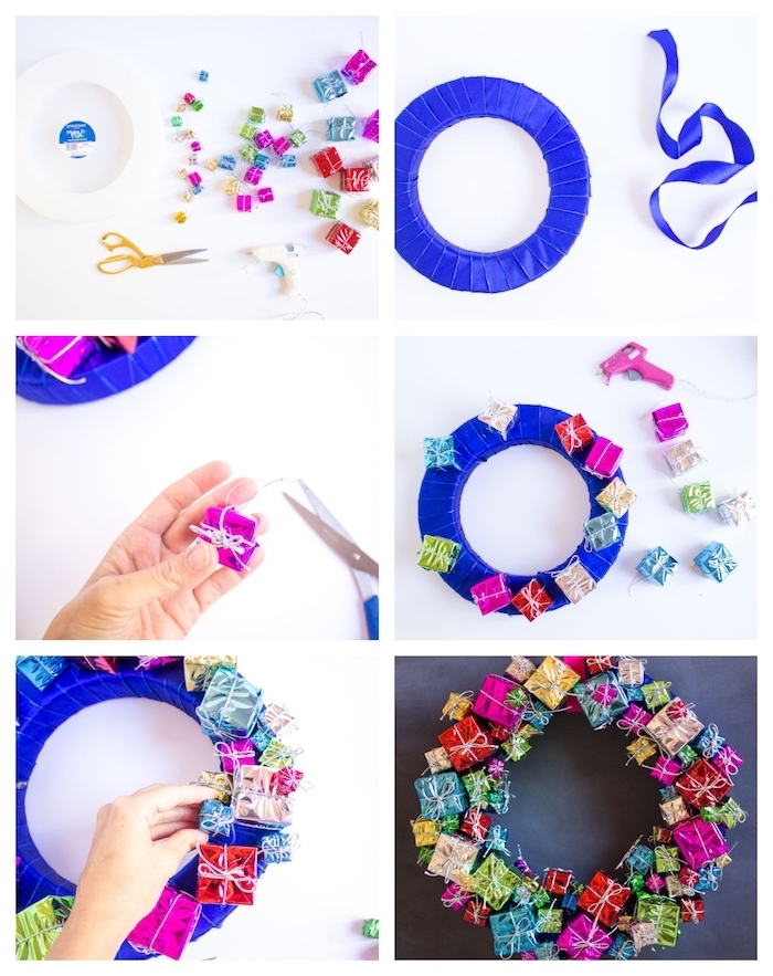 fabriquer couronne de noel en cerceau enveloppé de ruban bleu marine avec décoration de petits paquets cadeau colorés