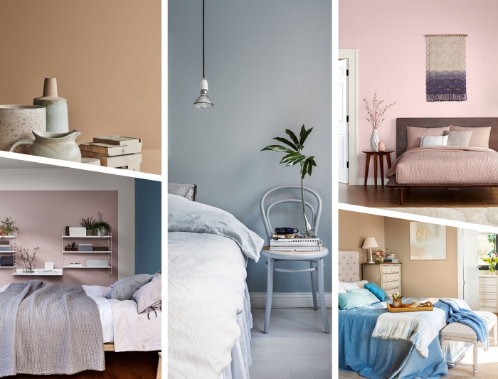 couleur mur chambre moderne, peintures en couleurs pastel ou terreuses, exemple de déco cozy aux murs rose pastel et meubles en bois