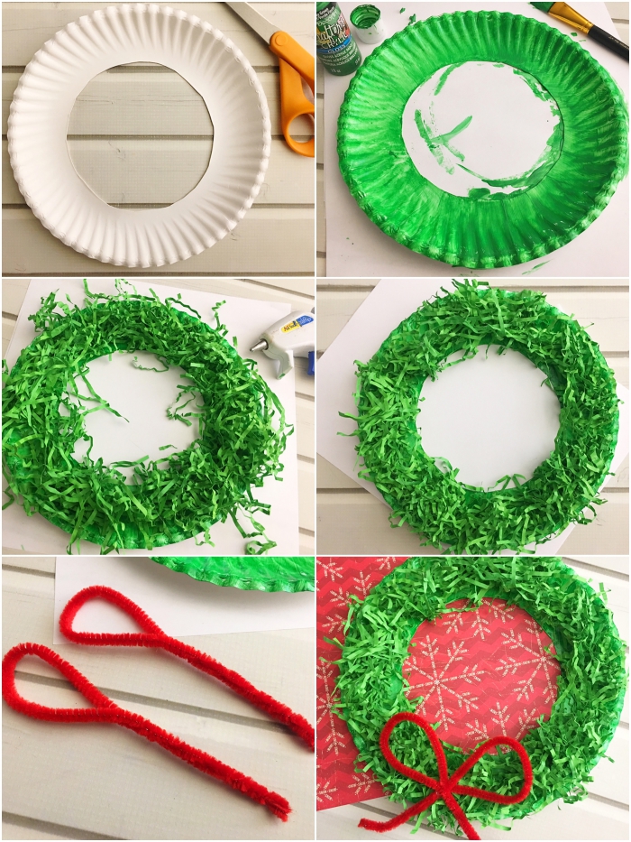 decoration de noël à fabriquer en papier récupéré, couronne de noël à réaliser soi-même à partir d'une assiette en carton découpée recouverte du papier déchiré vert 
