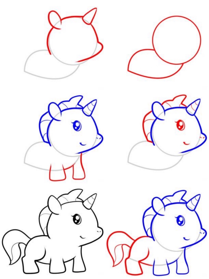 comment dessiner une licorne kawaii bébé en partant des formes simples, cours de dessin pour les plus petits