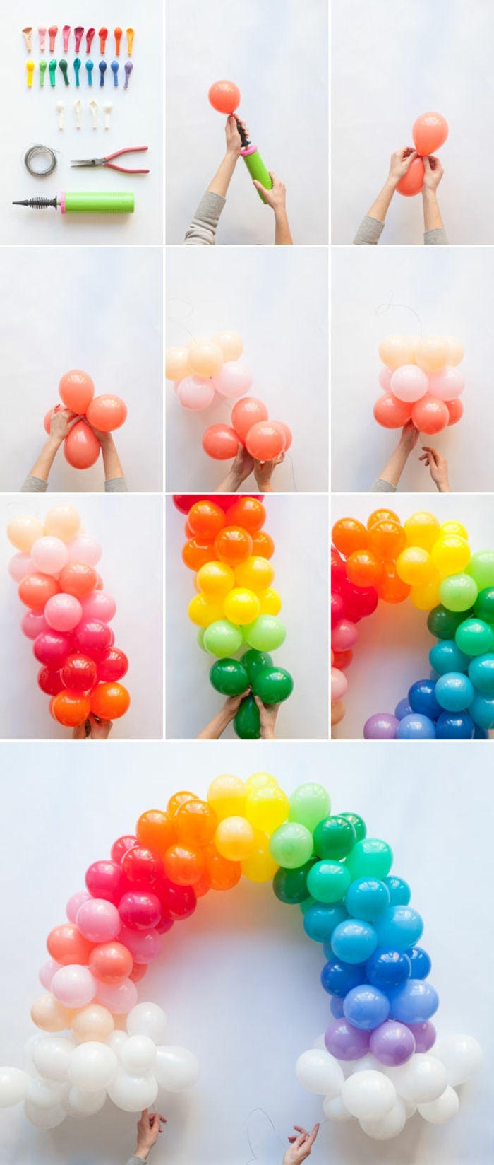 arche de ballons colorés, groupes de ballons multicolores, rassemblés en une arche de ballons groupés par couleurs