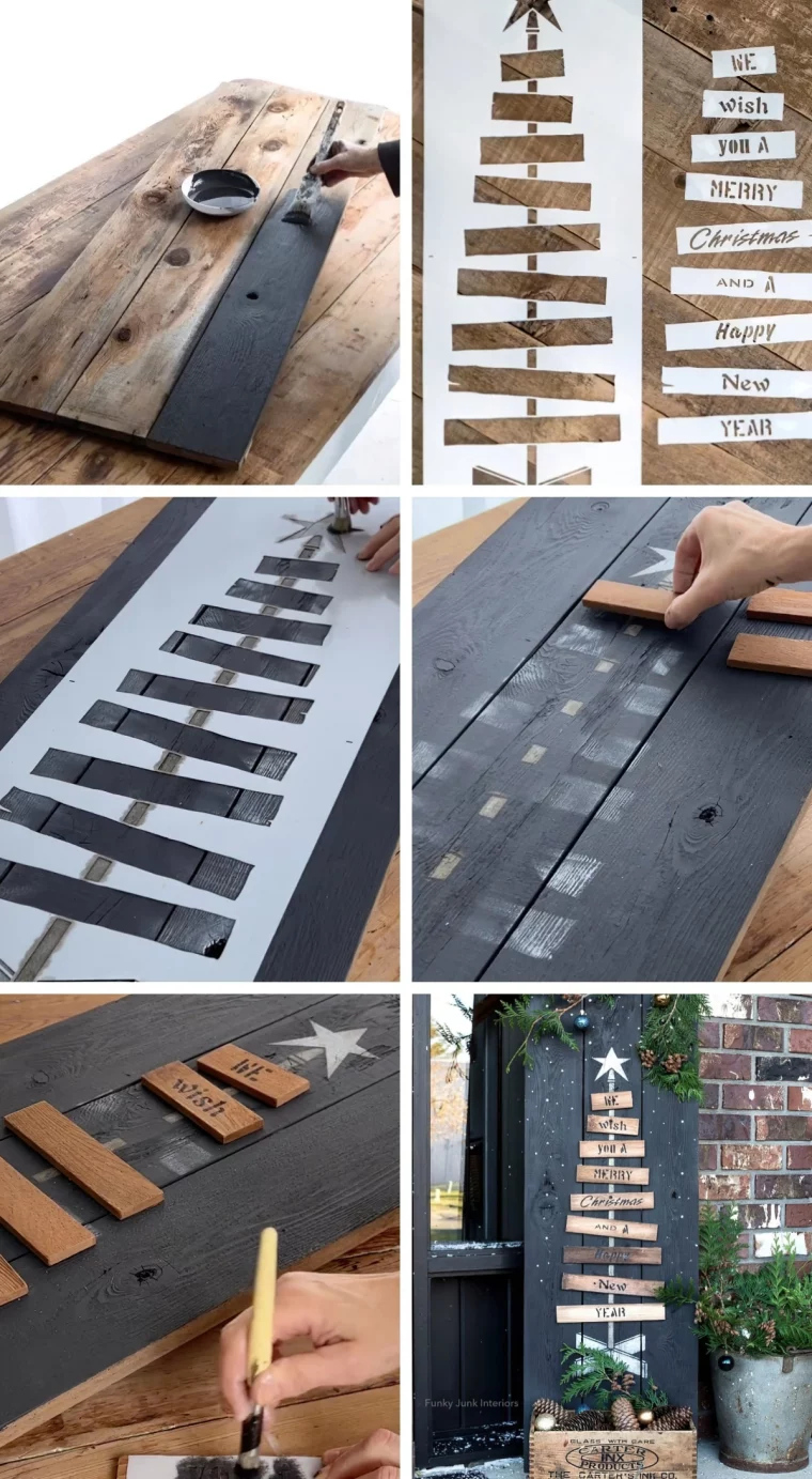 deco de noel exterieur en palette tutoriel pochoir peinture voeux noel