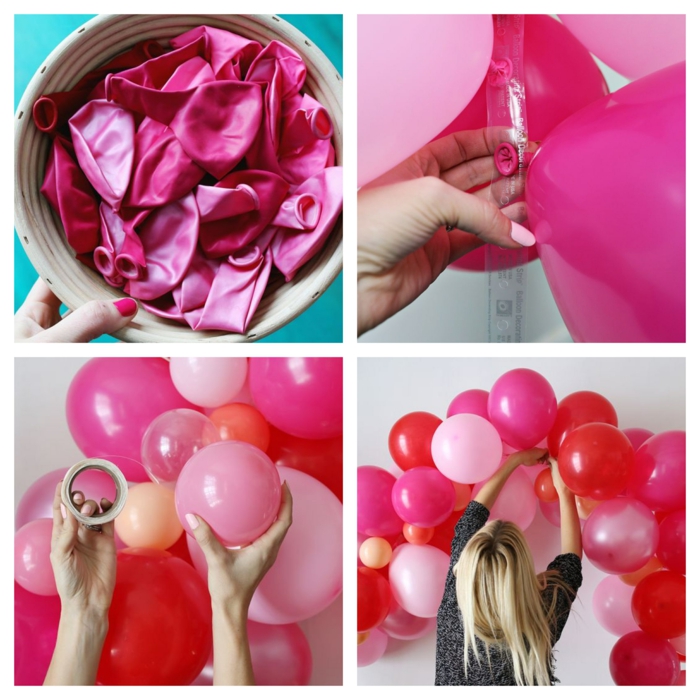 ballons roses gonflés à l'hélium attachés à une bande adhésive, arche murale de ballons en latex