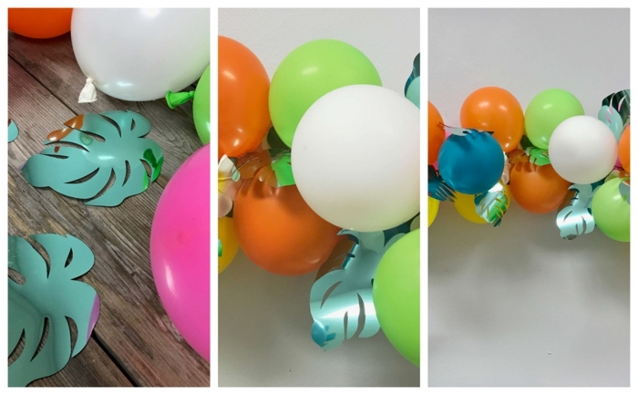 guirlande de ballons tropicale avec grandes feuilles de papier turquoise et ballons flottants, deco anniversaire enfant