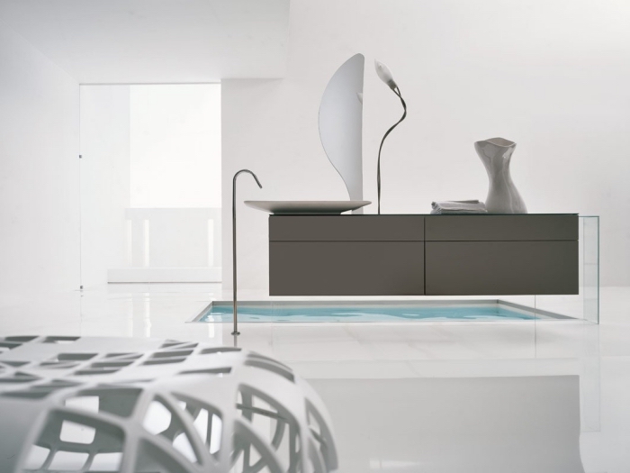 carrelage sdb laqué, déco épurée et minimaliste de style contemporain avec meubles en couleurs neutre et formes géométriques