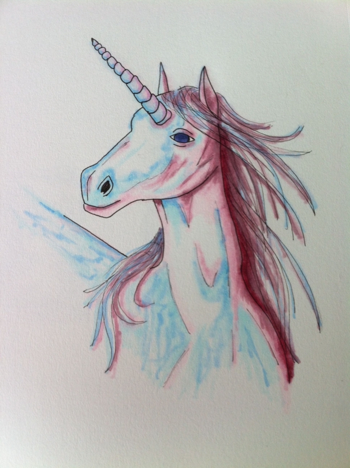 dessiner une licorne majestueuse avec une crinière au vent, à une allure gracieuse, licorne aux ombres bleu et rouge