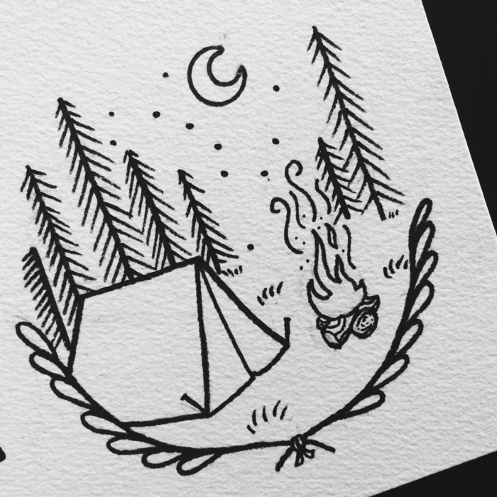 Chouette dessin facile a reproduire, dessin facile a faire pour tatouage nature, tente et feu et arbres, cours de dessin simple