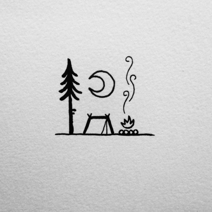 Mignonne idée quoi dessiner pour un dessin tatouage nature, feu la lune et une tente, beaux dessins simples a reproduire