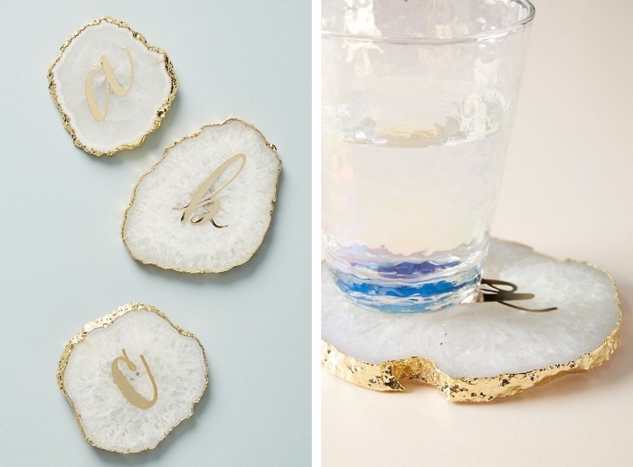 modèle de sous-verres blanc et or, objet de déco stylée, cadeau maman noel, accessoire stylé de cuisine pour mère 