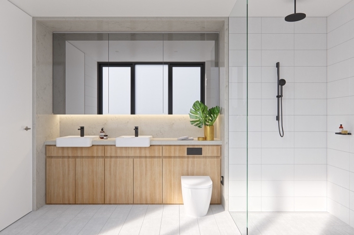 meuble salle de bain double vasque en blanc et bois, agencement salle de bain moderne, cabine de douche en carreaux blancs avec finition noir mate