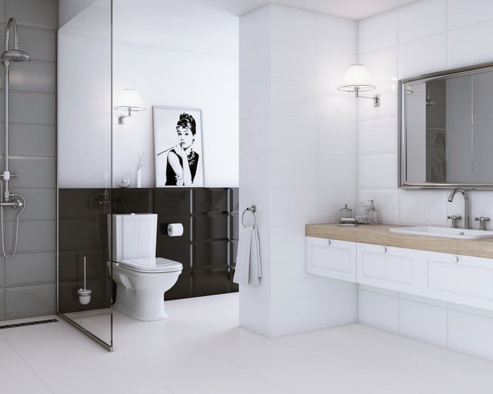 exemple carrelage mural salle de bain, quelles couleurs associer dans une salle de bain contemporaine en style minimaliste