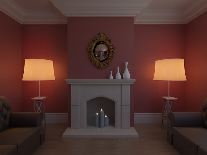 fausse cheminée décorative minimaliste gris béton avec trio de bougies grises dans salon avec murs bordeaux sur moquette et duo de lampes symétriques