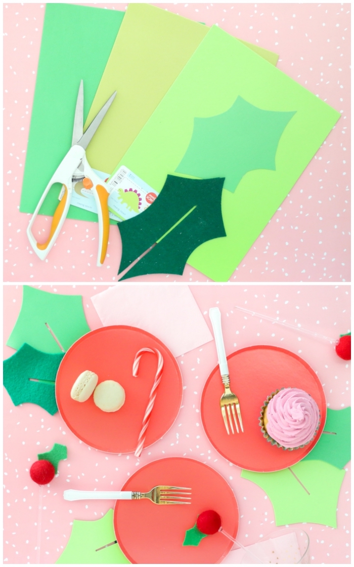 idée originale pour réaliser une déco de table festive, décorer les assiettes avec des feuilles de houx découpées en papier et feutre
