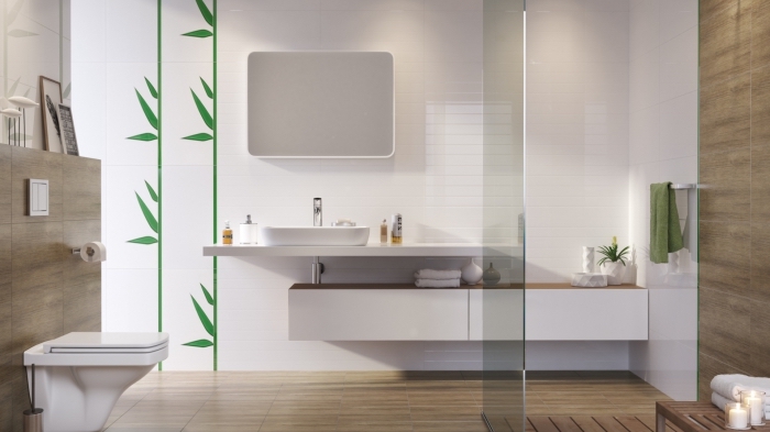 idee salle de bain avec douche moderne en blanc et bois, exemple quelles couleurs associer dans une salle de bain zen
