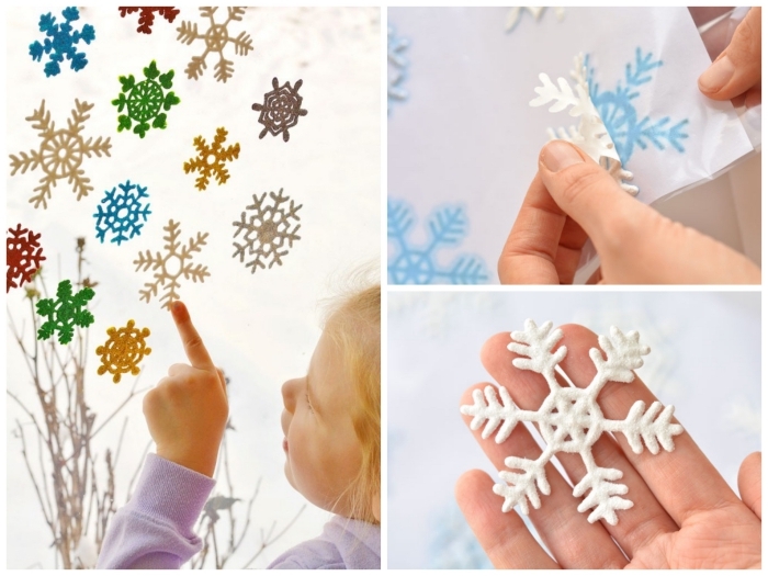 activité manuelle noel à faire avec les enfants, comment faire des flocons de neige pailletés autocollants en pour décorer les vitres